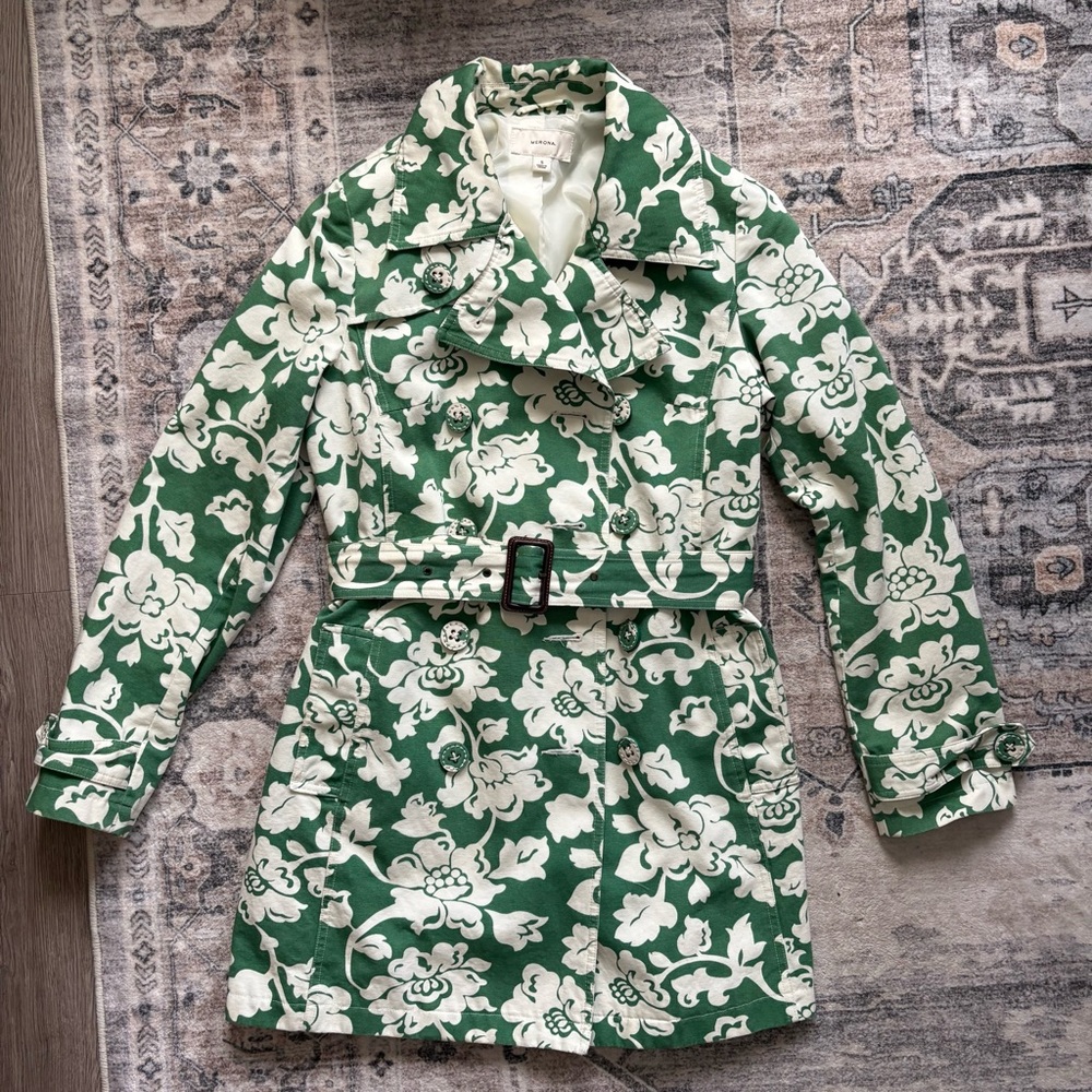 Vintage Y2K 90s merona trench coat green floral size S fall Gilmore girls cotton